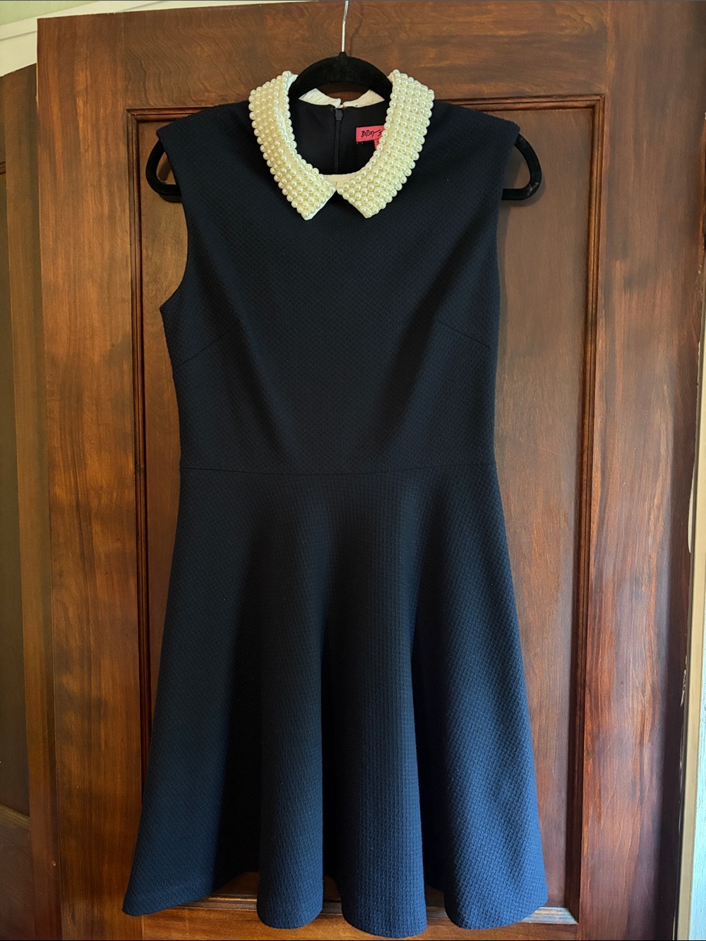 Betsey Johnson Black Dress with Pearl-Embellished White Peter Pan Collar